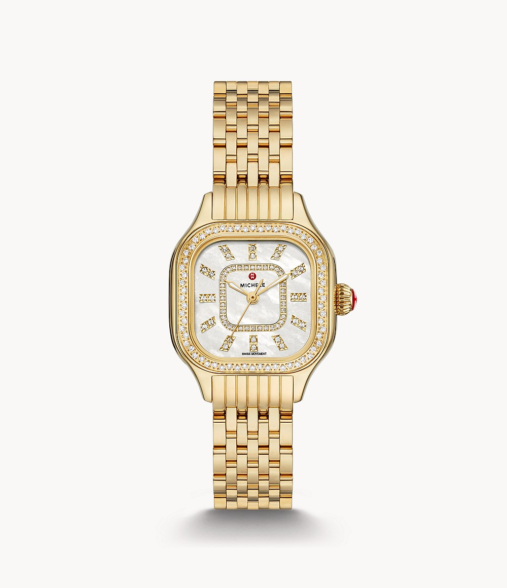 Michele Meggie 18k Gold Plated Diamond Dial and Bezel Stainless Steel Watch