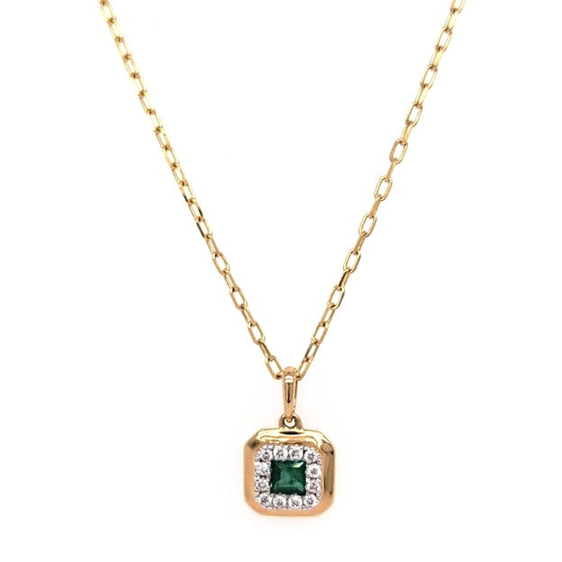 14k Yellow Gold 0.09Ct Emerald and 0.06Ct Diamond Pendant