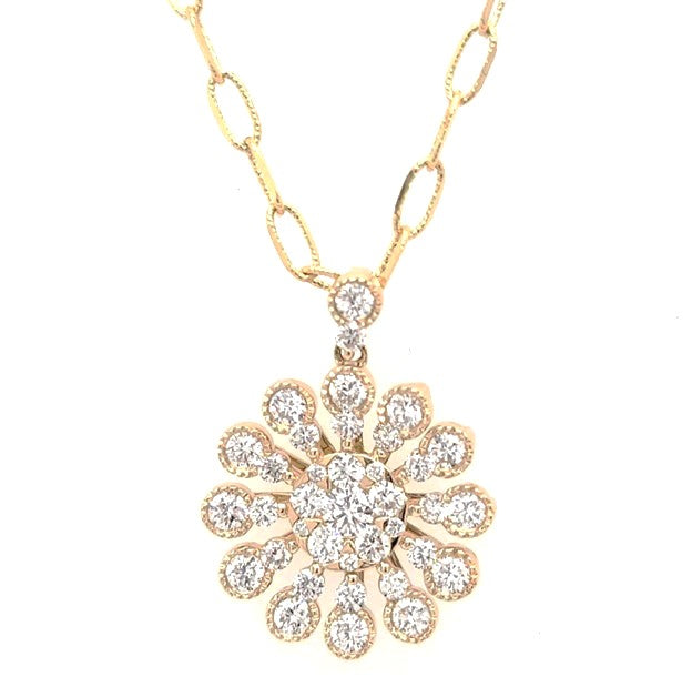 14Kt Yellow Gold 1.07Cts Diamond Cluster Necklace with 37 Diamonds.