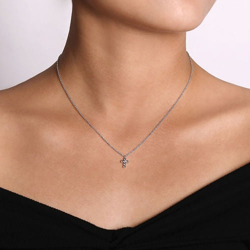 Sterling Silver 0.02Ct Diamond and Bujukan Bead Cross Necklace