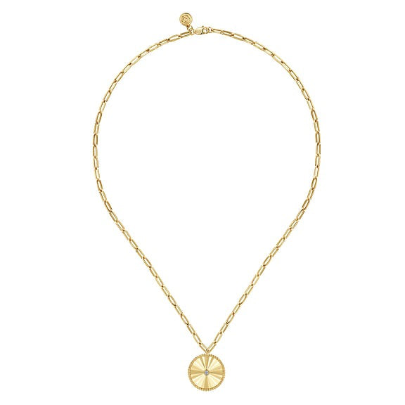 14K Yellow Gold Textured 0.05Ct Diamond Medallion Hollow 18 Inch Chain Necklace