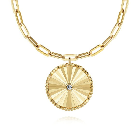 14K Yellow Gold Textured 0.05Ct Diamond Medallion Hollow 18 Inch Chain Necklace