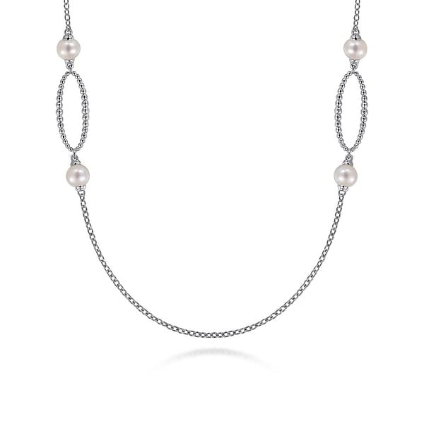 Gabriel Sterling Silver Bujukan Link and Pearl Station Necklace 32 Inch Long