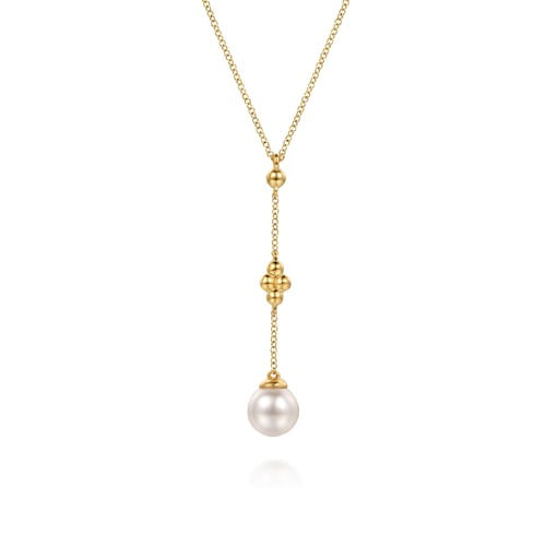 14K Yellow Gold Clover Bujukan and Pearl Drop Necklace