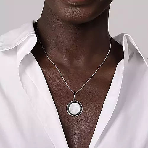 Sterling Silver White Mother Pearl and Black Spinel Bujukan Medallion Pendant in size 24mm