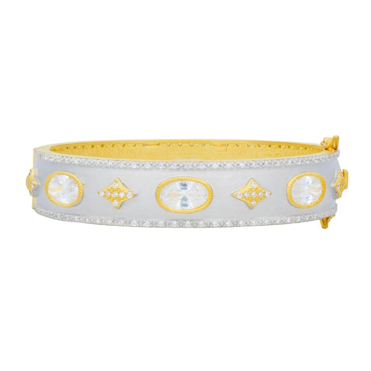 Freida Rothman Rhodium and Gold Plated Oh So Gorgeous Wide Hinge Bangle