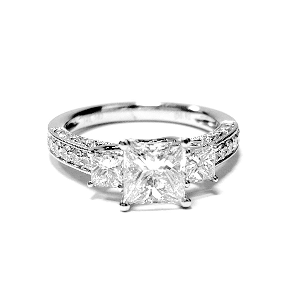 14k White Gold Ctr 1.12 Ct SI2 F GIA, Mounting 0.51 Princess, 0.41 Round Diamond Ring