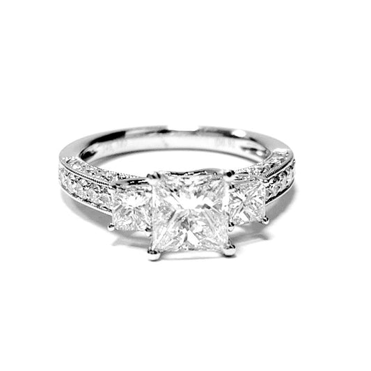 14k White Gold Ctr 1.12 Ct SI2 F GIA, Mounting 0.51 Princess, 0.41 Round Diamond Ring