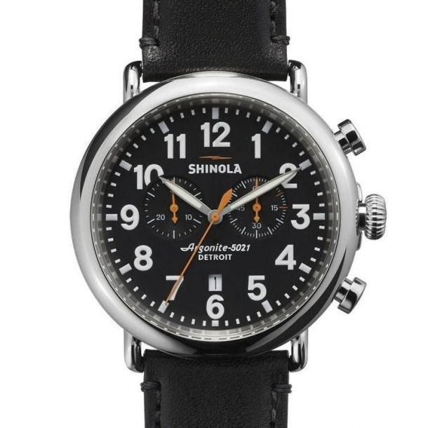 Shinola Runwell 47MM Polished Stainless Steel, Black Chronograph Dial, Black Leather Strap