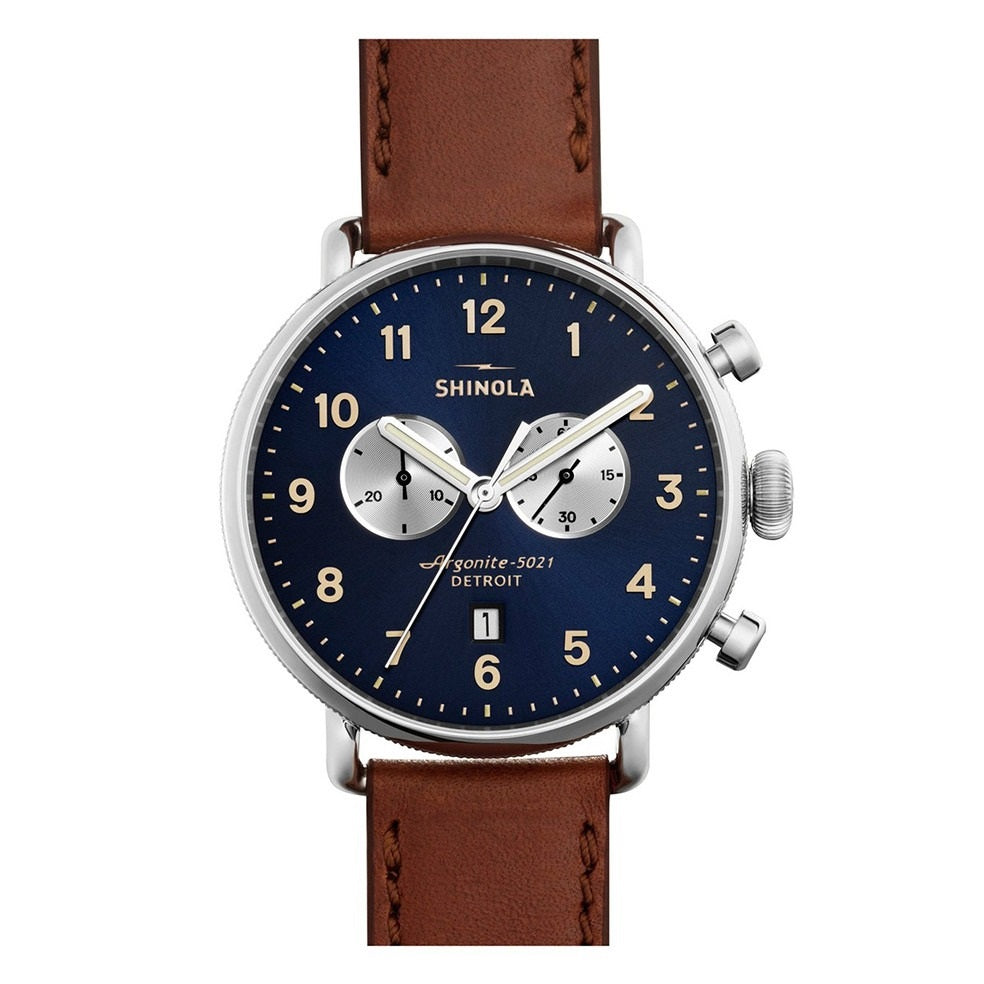 Shinola Canfield Chrono 43mm Polished Stainless Steel, Midnight Blue Dial, Cognac Leather Strap