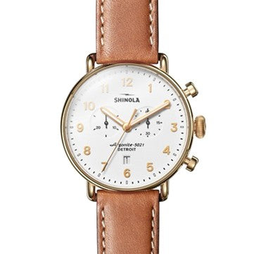 Shinola Canfield Chronograph 43MM, White Dial, Brown Strap