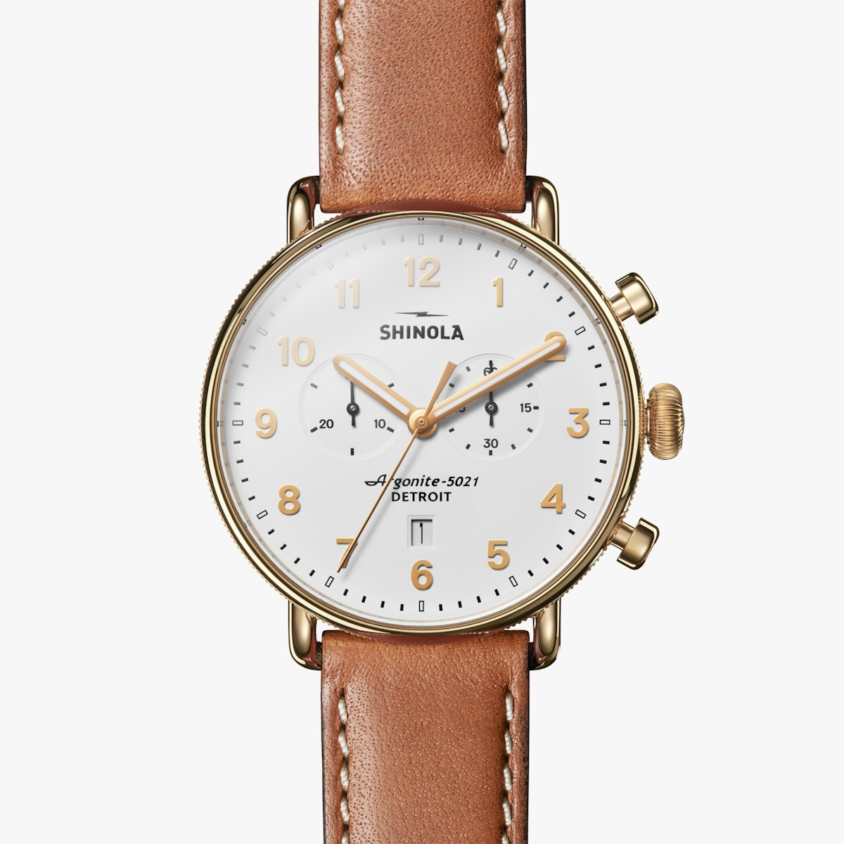 Shinola Canfield Chronograph 43MM, White Dial, Brown Strap