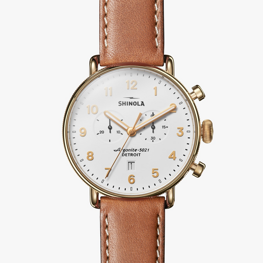Shinola Canfield Chronograph 43MM, White Dial, Brown Strap