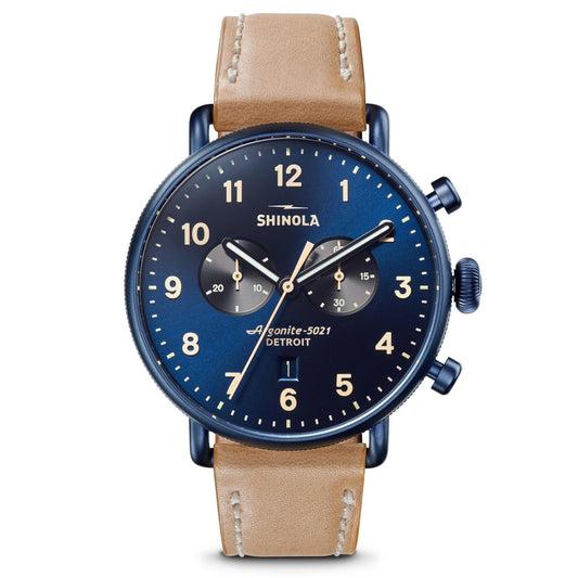 Shinola Canfield Chronograph 43mm, Sub Dials, Midnight Blue Dial, Leather Strap