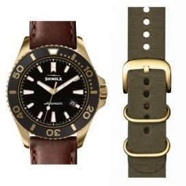 Shinola Bronze Monster 43MM Gift Set, Black Dial, Brown Leather and Olive Green Nylon Strap