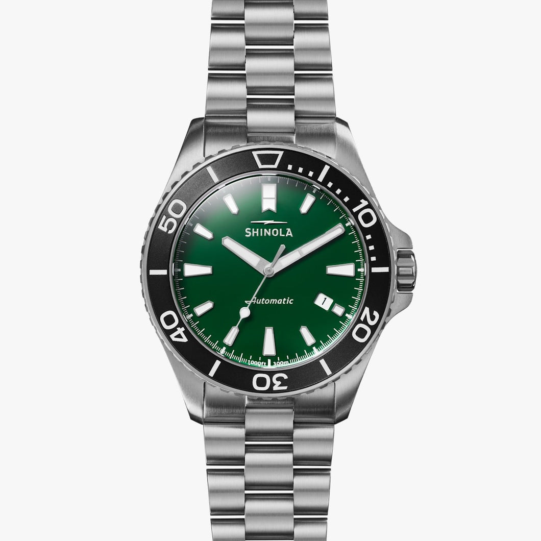 Shinola Lake Ontario Monster Automatic 43MM, Green Dial, Polished and Brushed Steel Bracelet