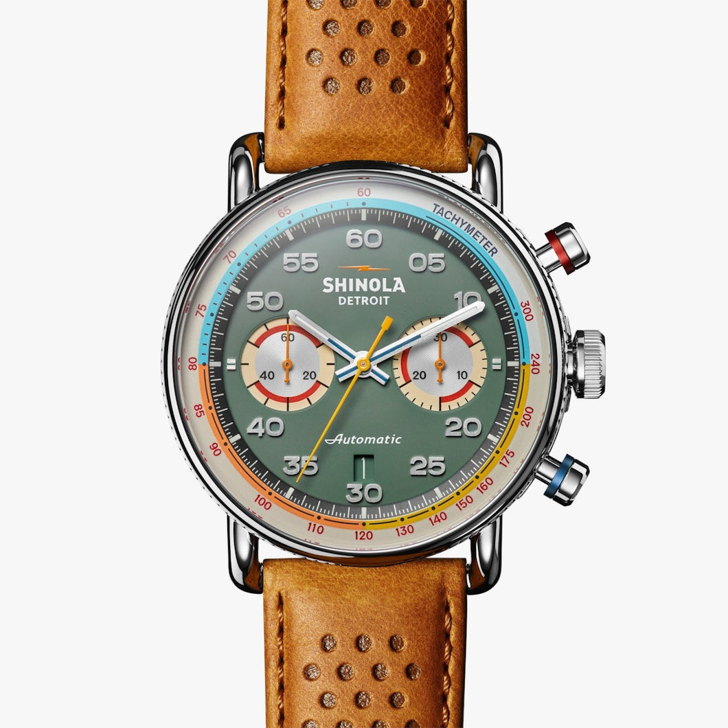 Shinola Canfield Speedway Lap 6 Automatic 44MM, Green Chronograph Dial, Tan Leather Strap