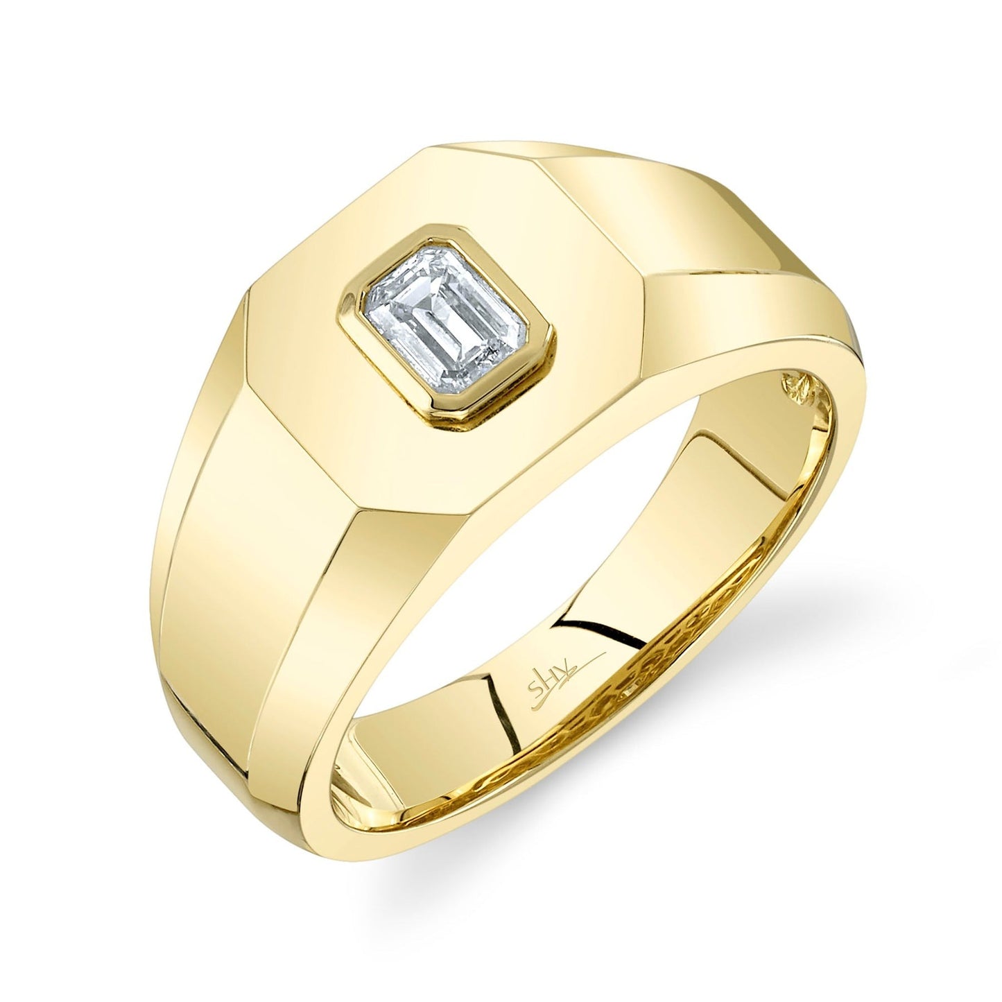 14k Yellow Gold 0.31Ct Emerald Cut Diamond Bezel Set Men's Ring