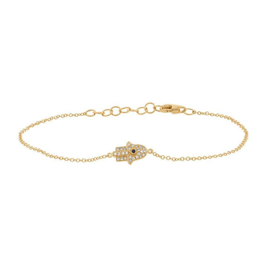 14k Yellow Gold 0.08Ct Diamond, 0.01 Sapphire Hamsa bracelet