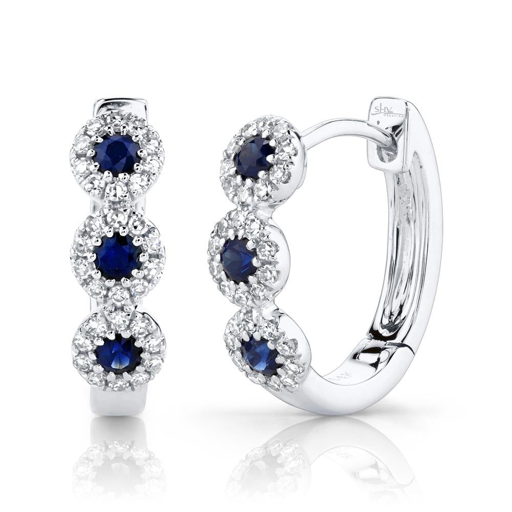 14k White Gold 0.30Ct Sapphire, 0.15Ct Diamond Huggie Earring