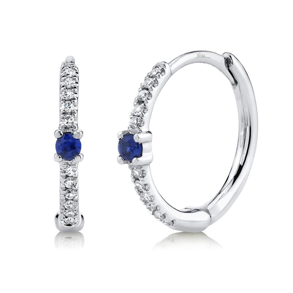 14k White Gold 13MM 0.06ct Sapphire, 0.07Ct Diamond Huggie Earring