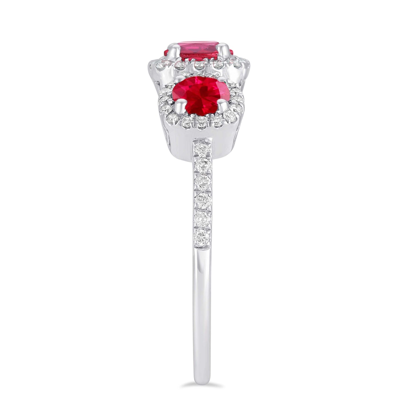 18K White Gold 1.16Ct total weight (3) Ruby, 0.32Ct total weight (58) Diamond Ring
