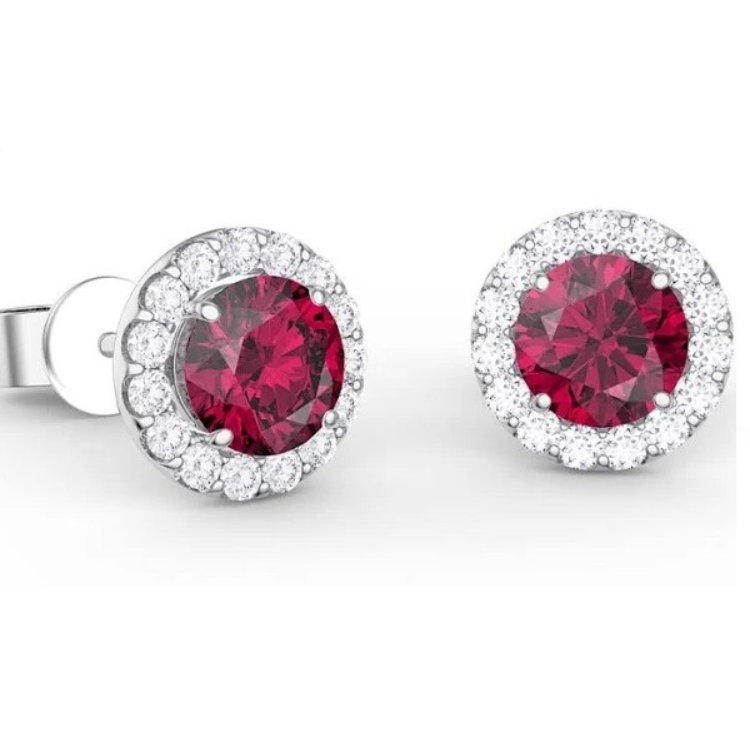 14k White Gold 1.63 Ct Ruby, 0.21 Ct Diamond Halo Earring