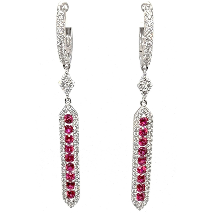 18k White Gold 0.97 Ct Ruby, 0.62 Ct Diamond Dangle Earring