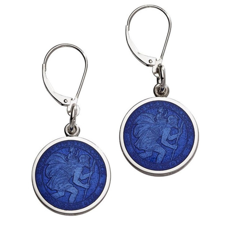 Sterling Silver & Enamel St. Christopher Earrings Royal Blue (color 9)