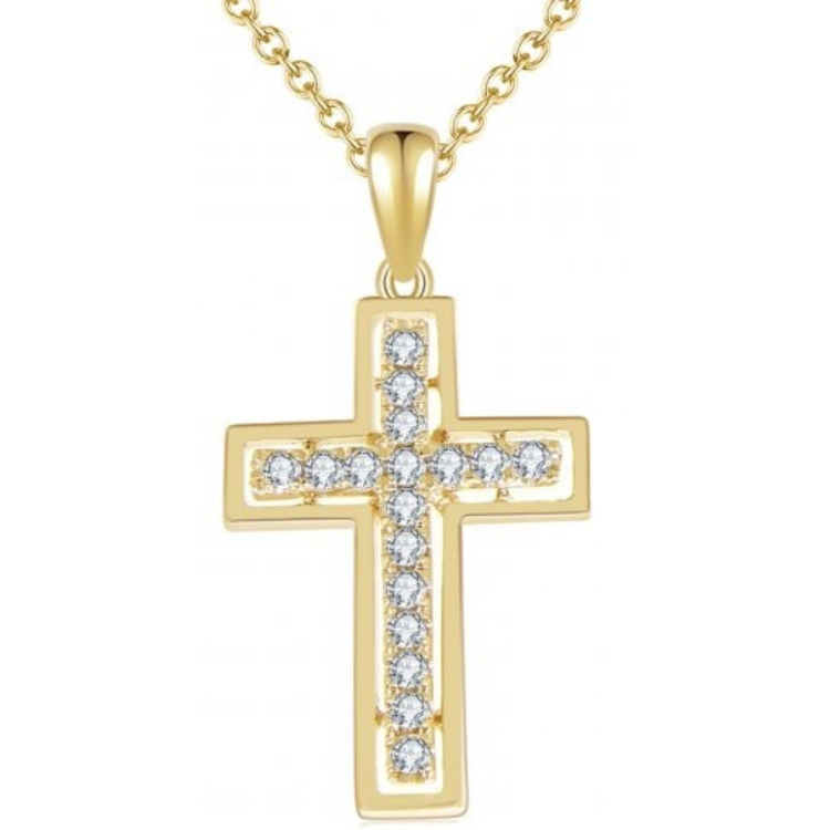14k Yellow Gold 0.14Ct Diamond Cross Pendant with 17 Diamonds