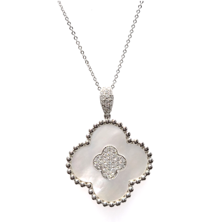 14k White Gold Mother of Pearl and 0.41Ct Diamond Clover Pendant