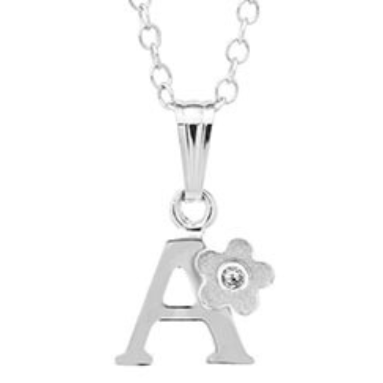 Sterling Silver initial Pendant with diamond and Flower