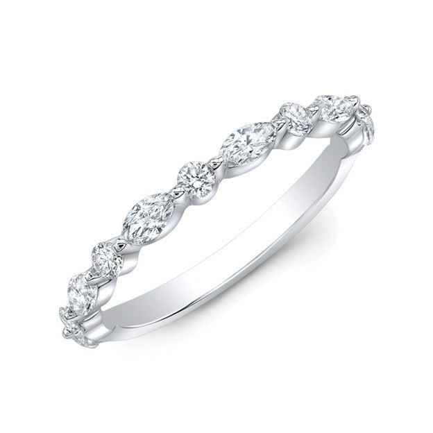 14k White Gold 0.31Ct in 5 round diamonds, 0.46Ct in 4 marquise diamond band, size 7.0