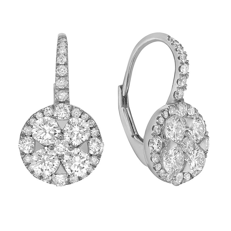 14k White Gold 1.35Cts Diamond Cluster Drop Earring with 64 Diamonds