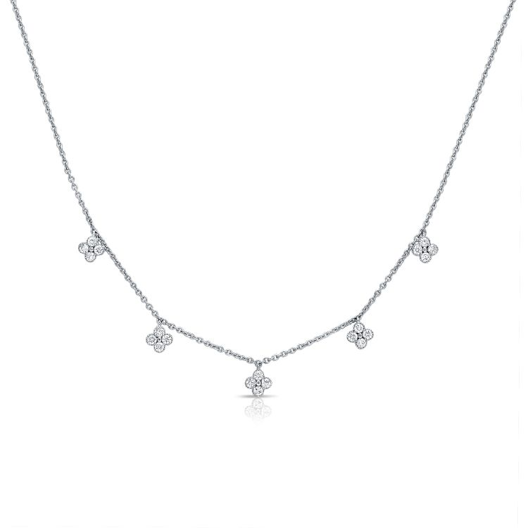 14k White Gold 0.40Ct Diamond Clover 5 Station Necklace