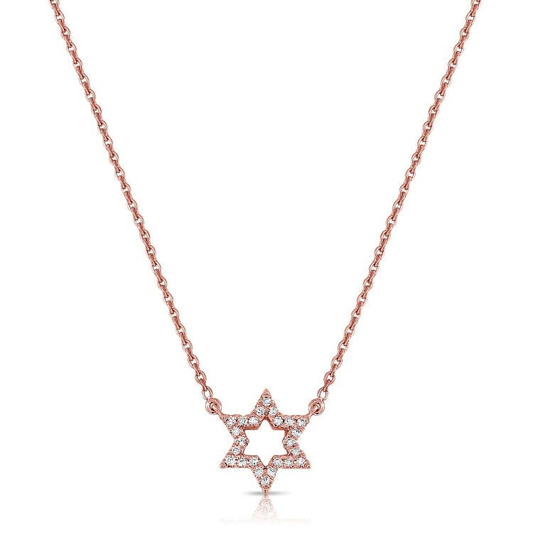 14k Gold 0.08Ct Diamond Star Of David Necklace with 24Diamonds available in White, Rose and Yellow Gold