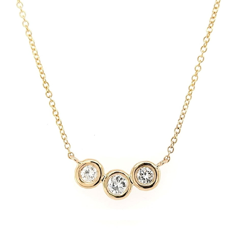 14k Yellow Gold 3 Bezel Set Diamond Necklace 16 Inch Long, Available in several diamond weights