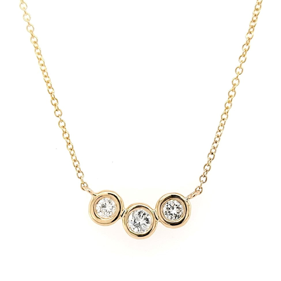 14k Yellow Gold 3 Bezel Set Diamond Necklace 16 Inch Long, Available in several diamond weights