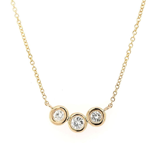 14k Yellow Gold 3 Bezel Set Diamond Necklace 16 Inch Long, Available in several diamond weights