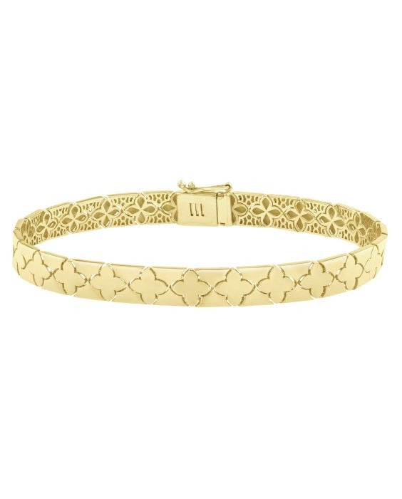 14K Yellow Gold Clover 7" Bracelet with Box with Figure 8 Clasp. Bracelet measures 6.5mm wide.