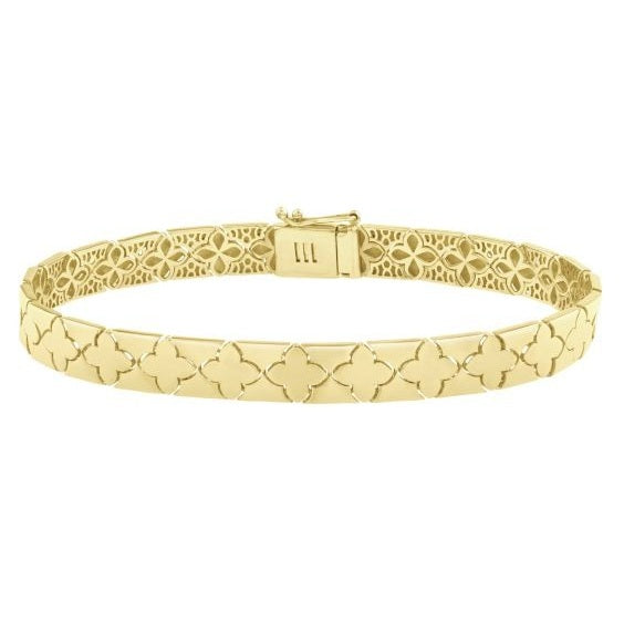 14K Yellow Gold Clover 7" Bracelet with Box with Figure 8 Clasp. Bracelet measures 6.5mm wide.