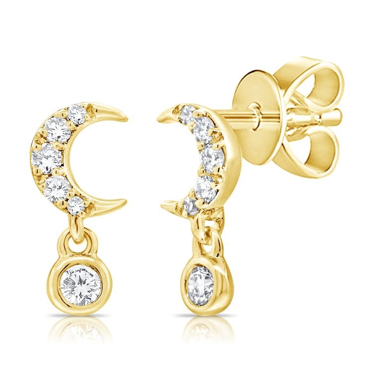 14k Yellow Gold 0.09Ct Diamond Moon and Dangle Earring