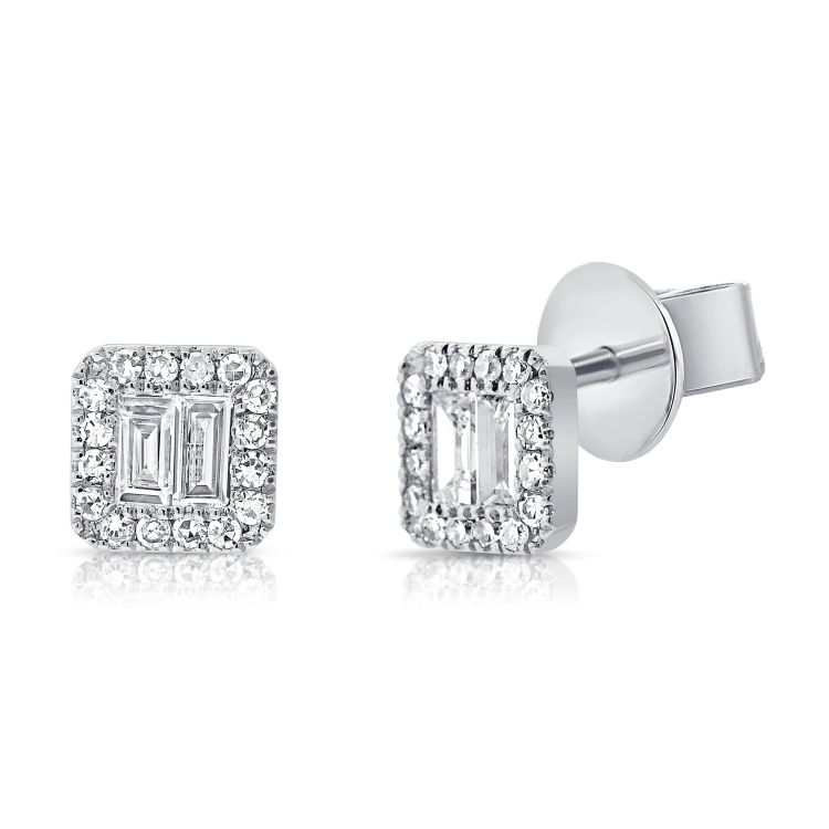 14k White Gold 0.20Ct Baguette, 0.09Ct Round Diamond Cluster Earring