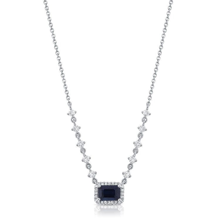 14k White Gold Sapphire 0.90Ct, Diamond 0.38ct Necklace