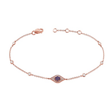 Load image into Gallery viewer, 14k Gold 0.05Ct Sapphire, 0.15Ct Diamond Eye Bracelet with Diamond stations, available in White, Rose and Yellow Gold
