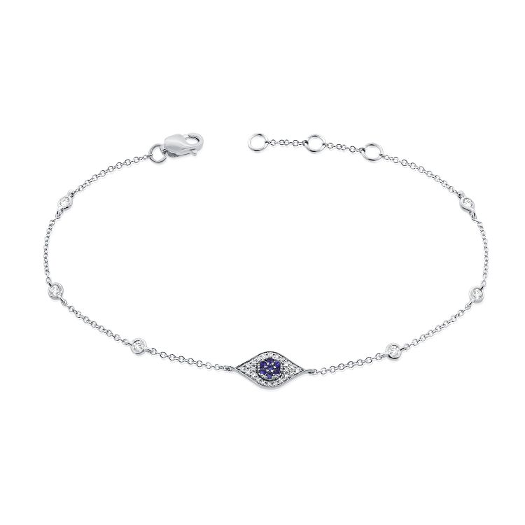 14k Gold 0.05Ct Sapphire, 0.15Ct Diamond Eye Bracelet with Diamond stations, available in White, Rose and Yellow Gold
