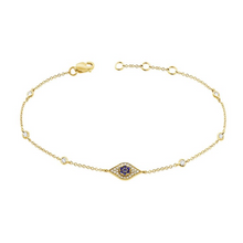 Load image into Gallery viewer, 14k Gold 0.05Ct Sapphire, 0.15Ct Diamond Eye Bracelet with Diamond stations, available in White, Rose and Yellow Gold
