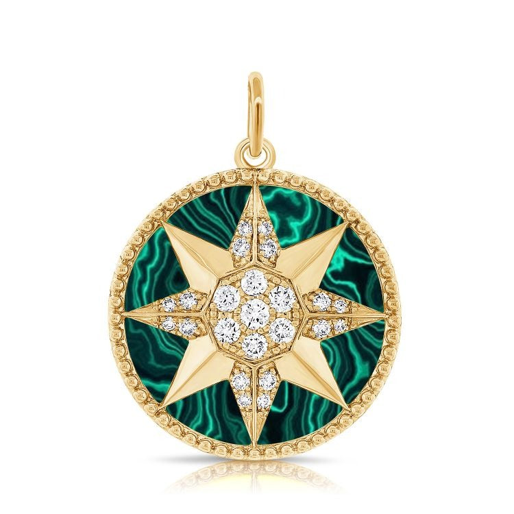 14k Yellow Gold Malachite and 0.27Ct Diamond Charm
