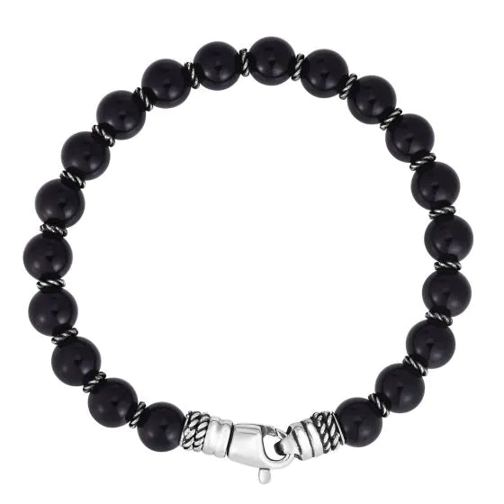 Men's Sterling Silver and Black Onyx Bead Bracelet 8.25 Inch Long