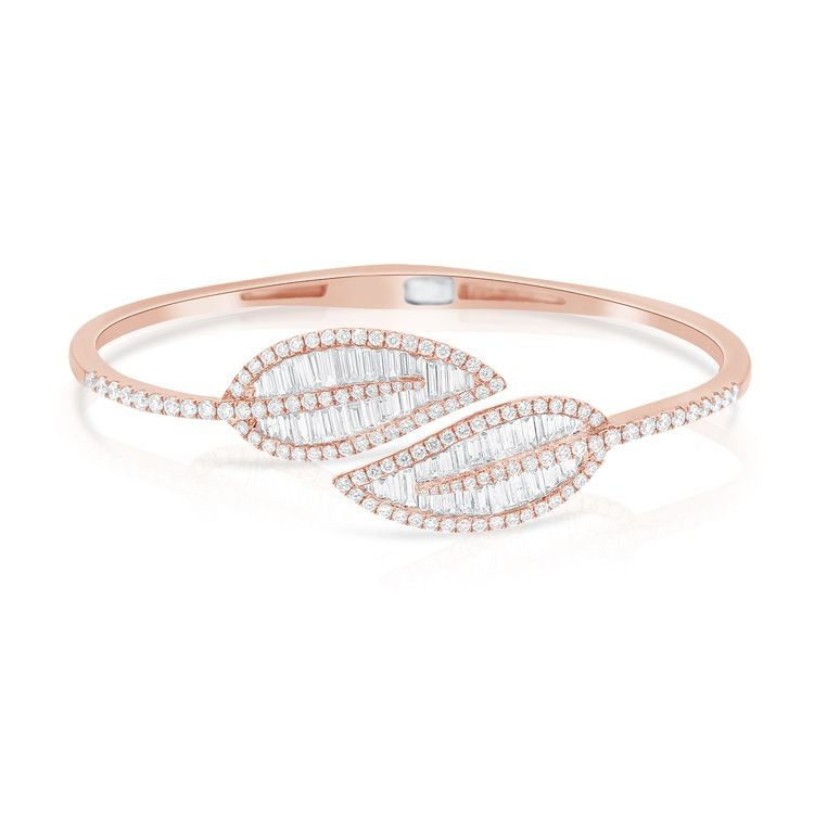 14k Gold Leaf Bangle Bracelet 2.08Ct Diamonds with 182 Diamonds, available in White, Rose and Yellow Gold